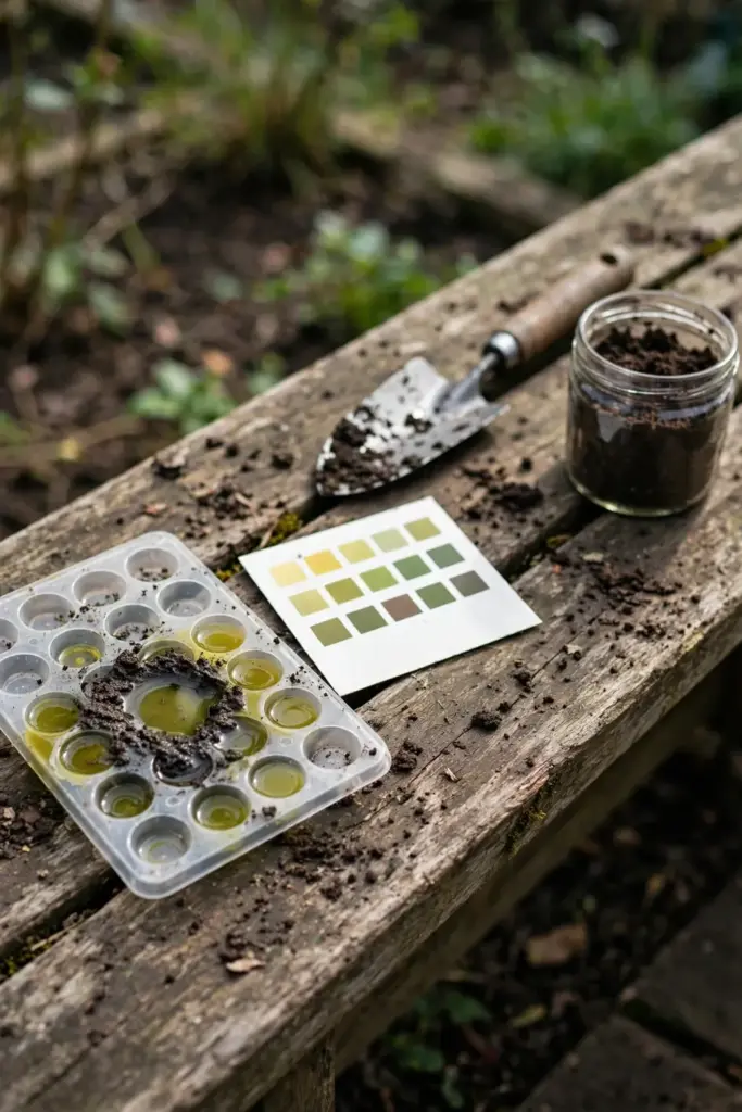 Soil pH test kit with a soil sample on a garden bench