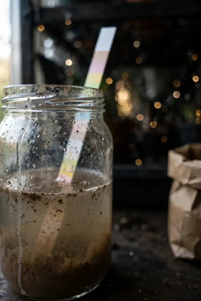 Glass jar of soil slurry with a pH test strip, color pads blurred and unreadable