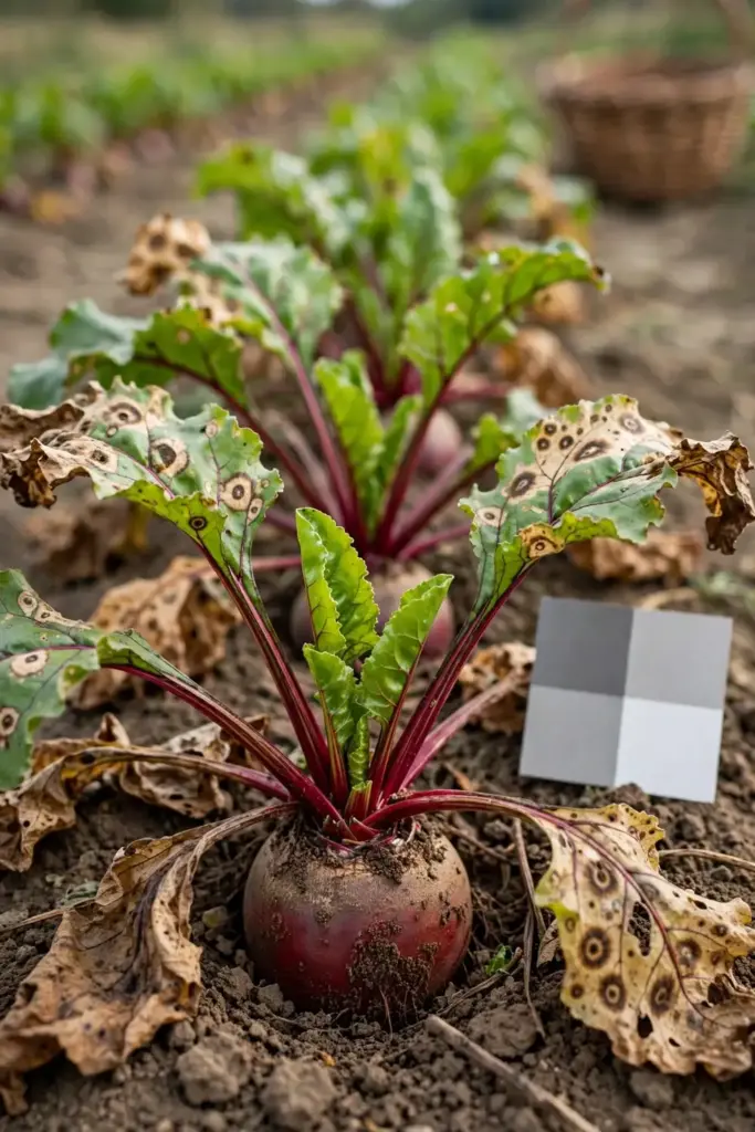 Beet row with lightly spotted outer leaves and clean hearts pushing new growth
