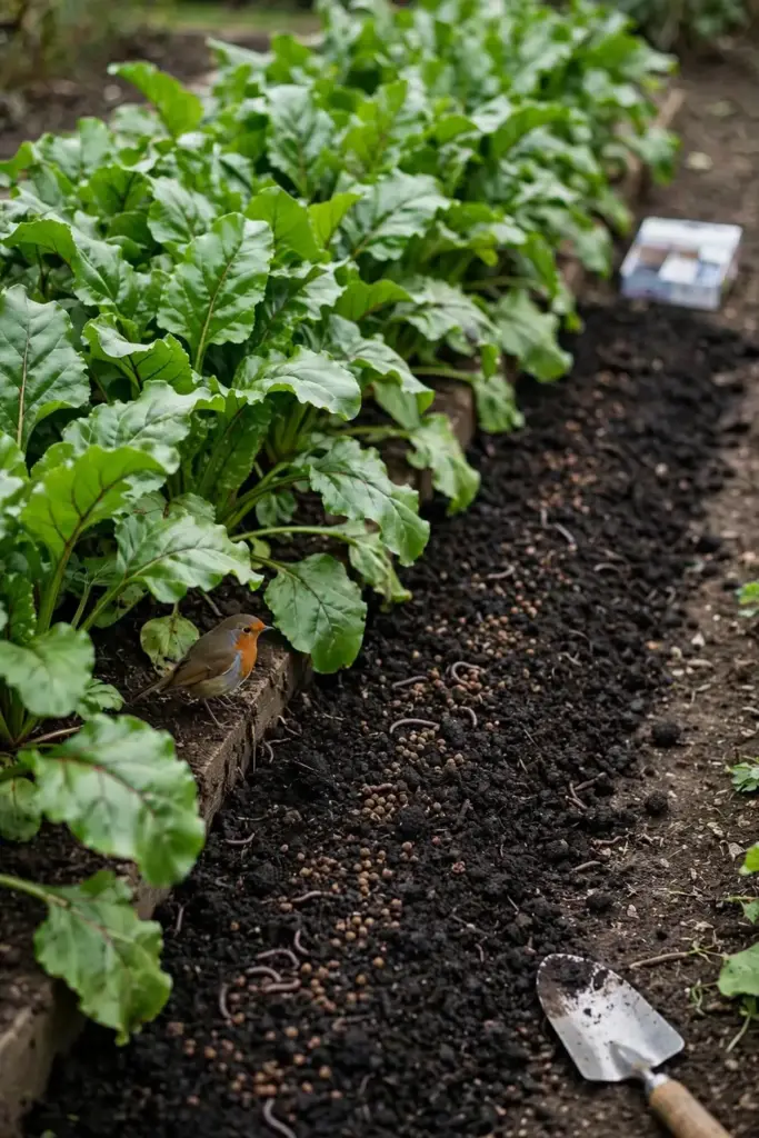 Compost spread beside vigorous beet rows with deep green healthy foliage