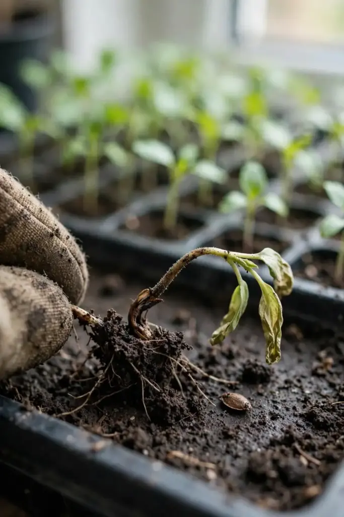 Worn garden mitt holding a collapsed beet seedling with pinched stem at soil line