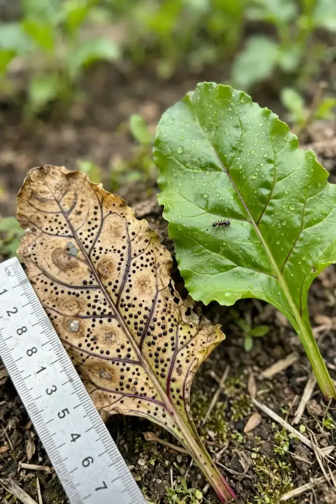 Close view of beet leaf showing ringed lesions beside a clean new leaf
