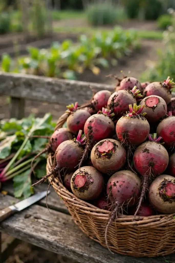 Basket of harvested red beets with trimmed tops from a garden that had leaf spot