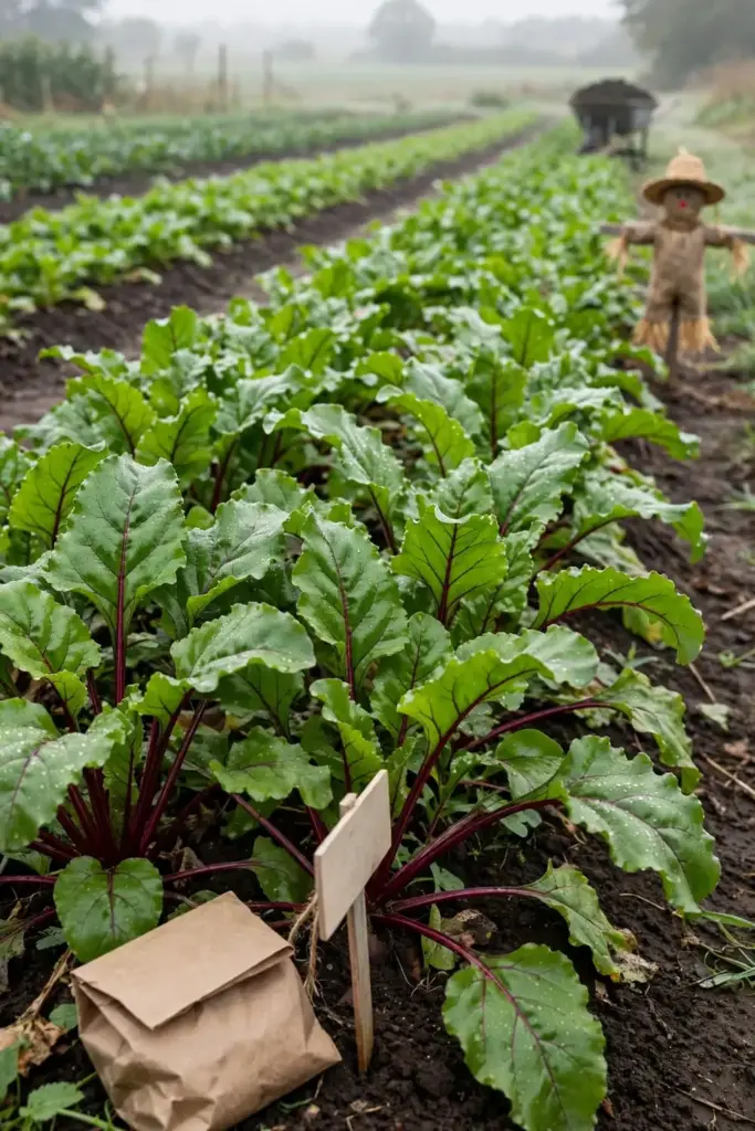 Healthy beet row stretching forward with seed packet and label at the row head