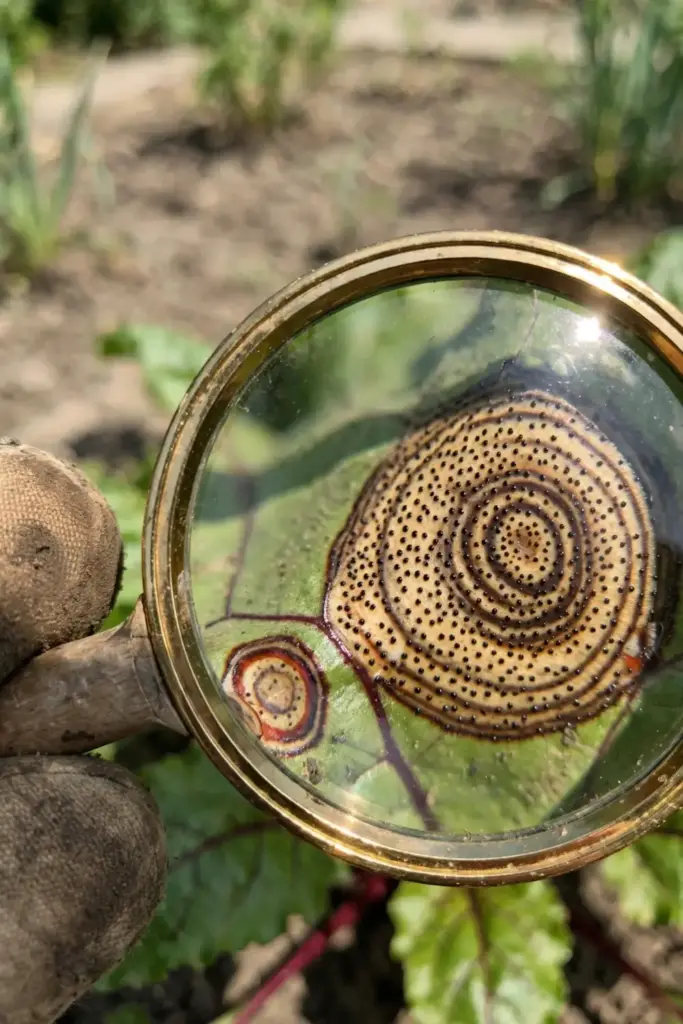 Worn garden mitt holding magnifying glass over beet leaf lesions for comparison