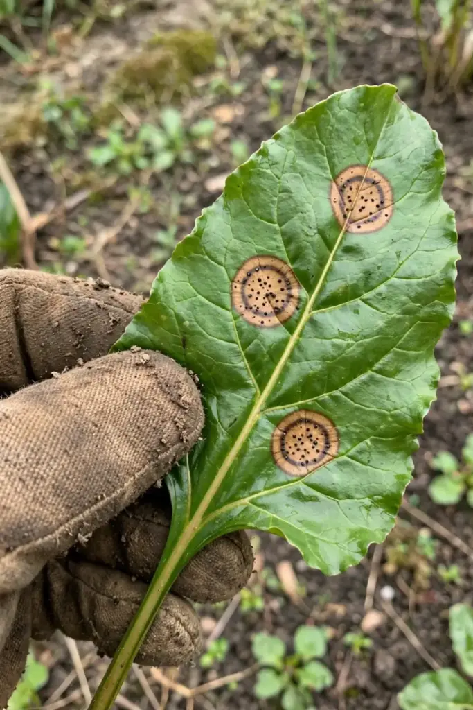 Worn garden mitt holding a beet leaf with ringed tan lesions for inspection