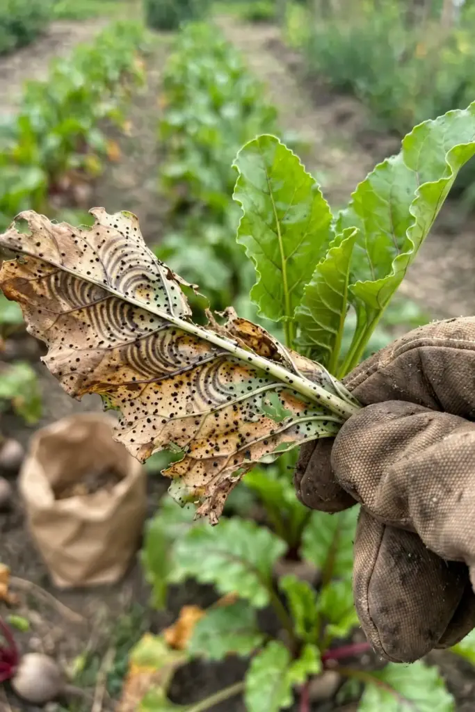 Worn garden mitt stripping a heavily spotted outer beet leaf at the crown