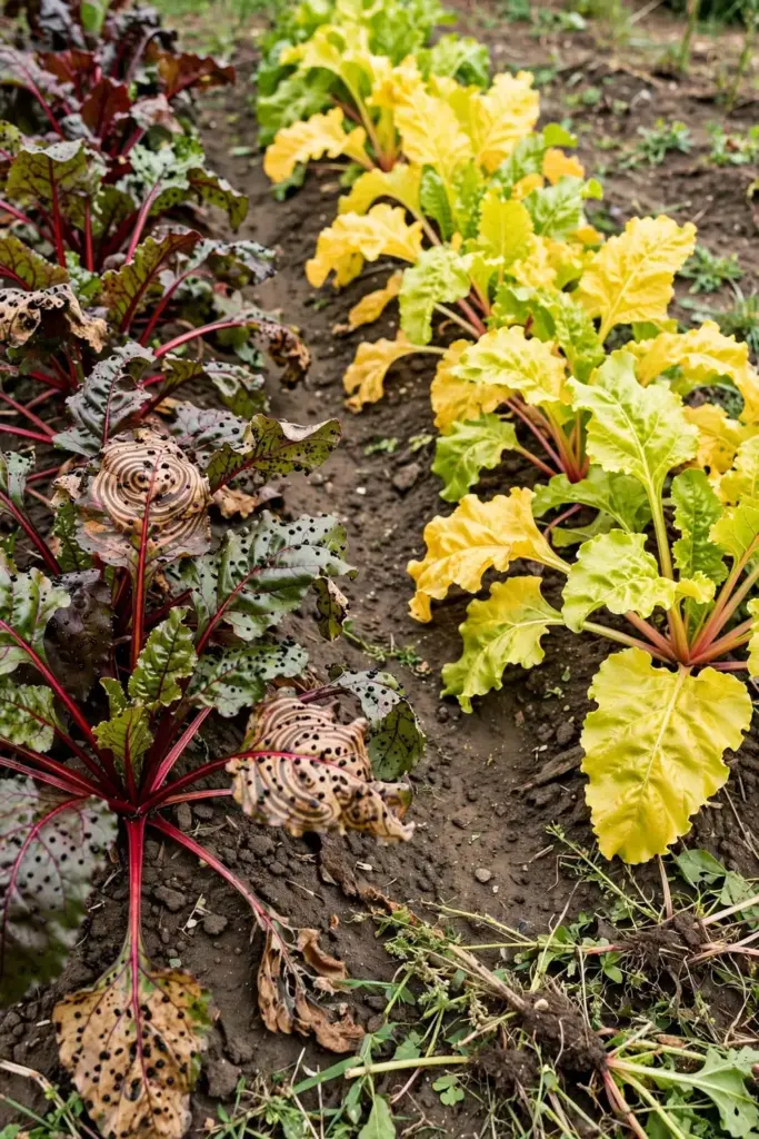 Red beet row with spotted leaves beside clean golden beet row in garden bed