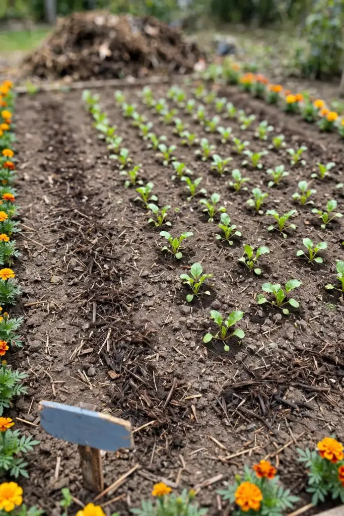 Fresh rotation bed with young beet seedlings and cover crop residue turned under