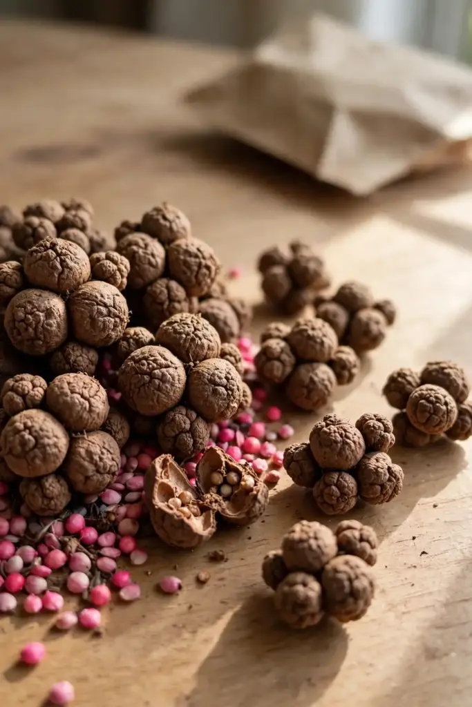 Macro of rough beet seed clusters with pink fungicide-treated seed beside them