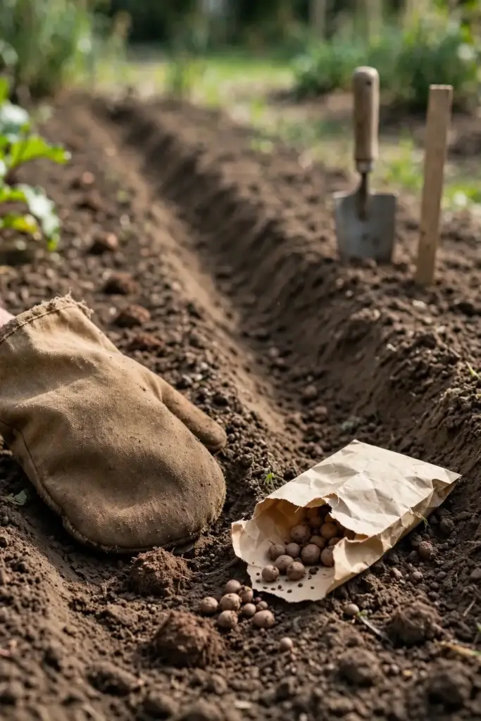 Worn garden mitt pressing beet seed clusters into a fresh garden furrow