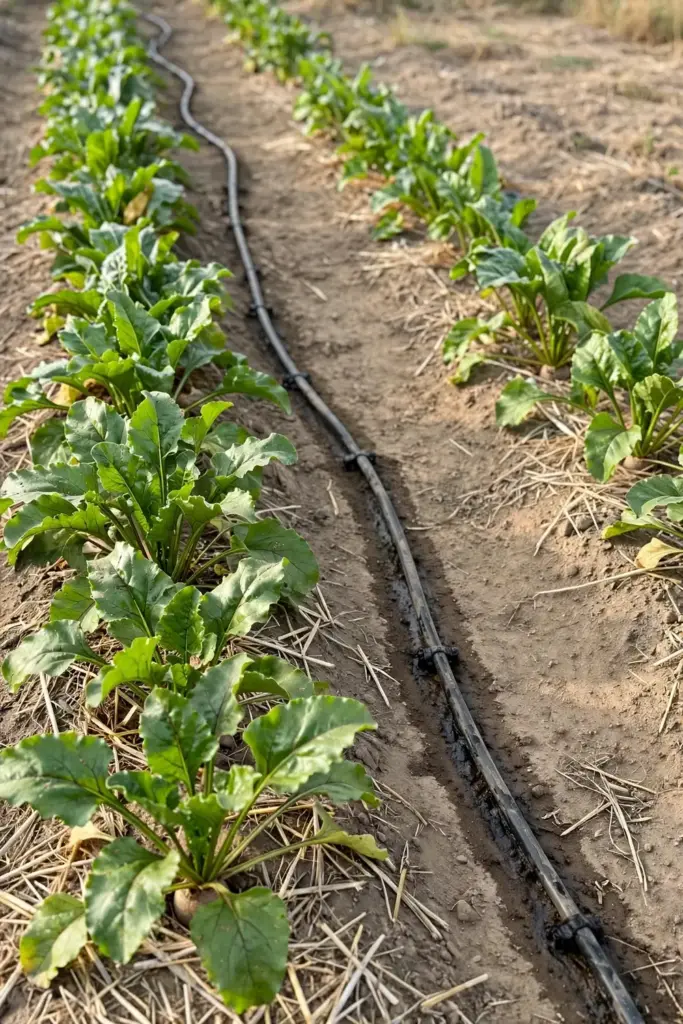 Widely spaced beet rows with drip line and dry glossy leaves in morning sun