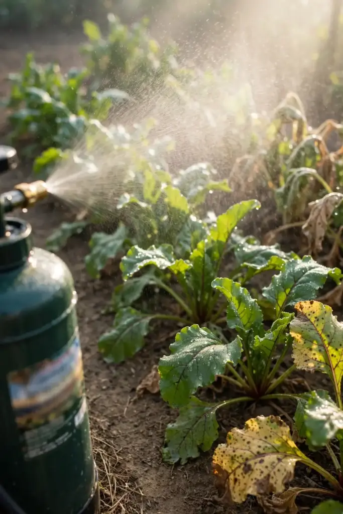 Hand pump sprayer misting beet foliage on a dry morning with label visible