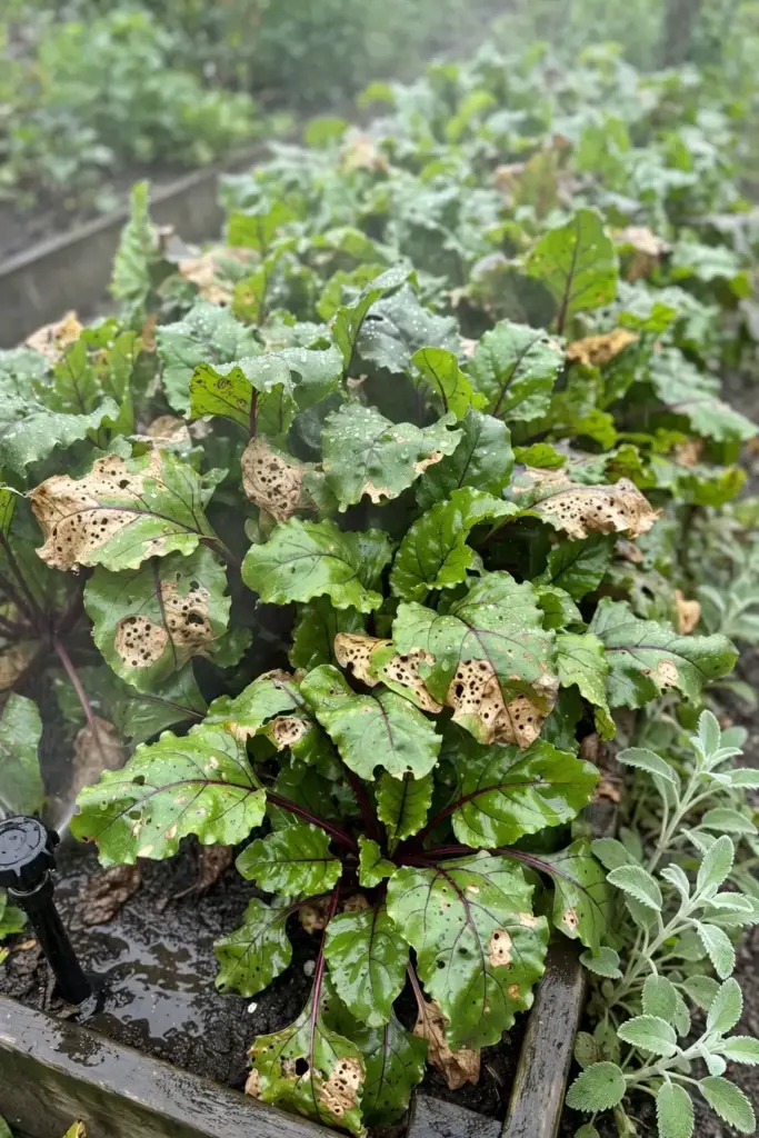Crowded wet beet bed with overhead sprinkler droplets on spotted leaves