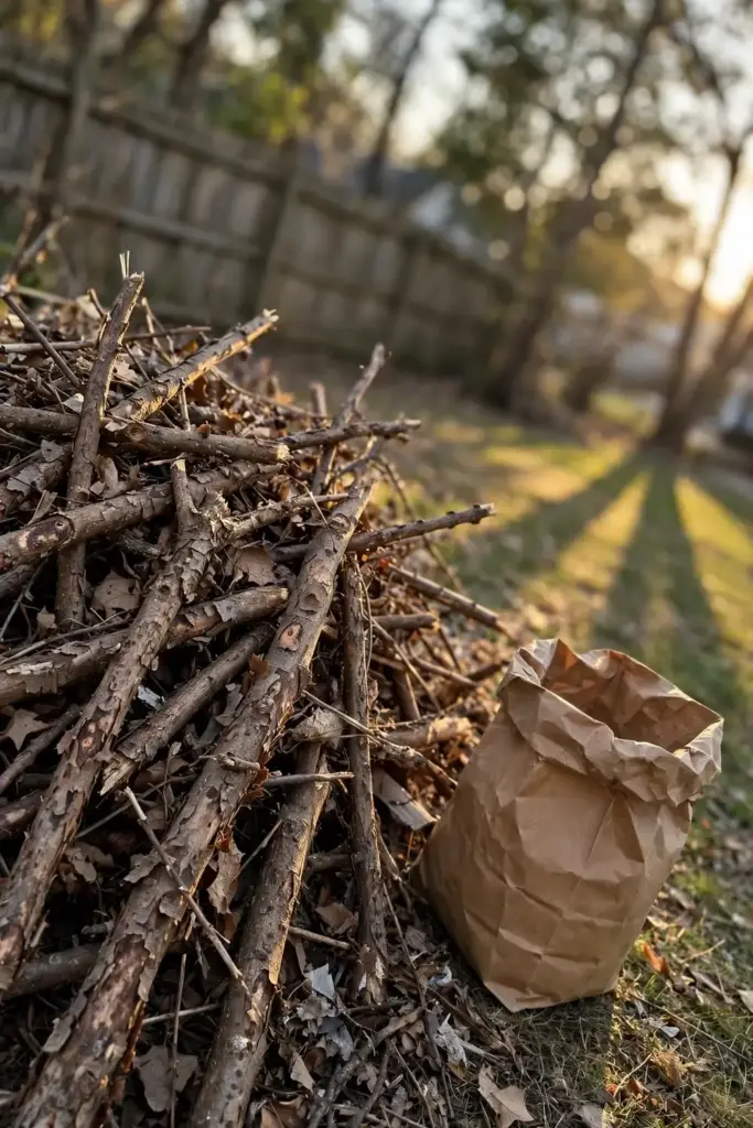 Pile of cankered branches bagged for burning instead of composting