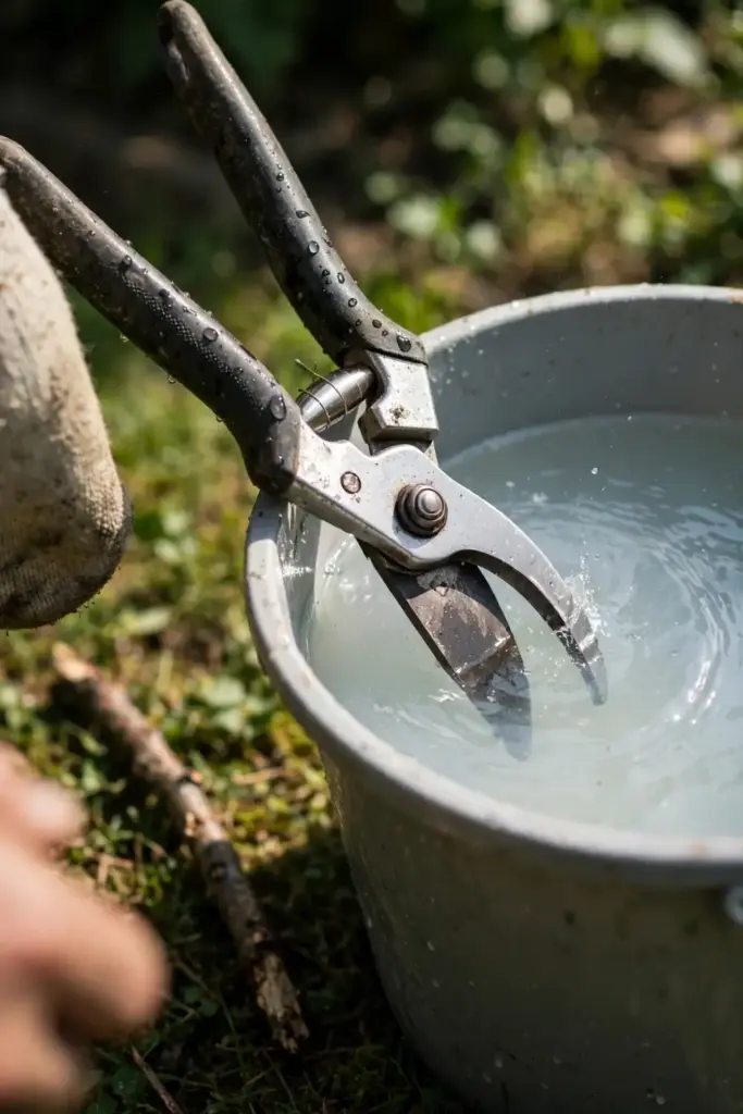 Pruning shear blades dipped in disinfectant bucket beside a cankered branch