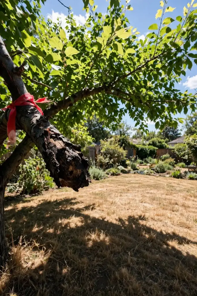 Backyard tree on a dry sunny day with a ribbon marking a cankered branch