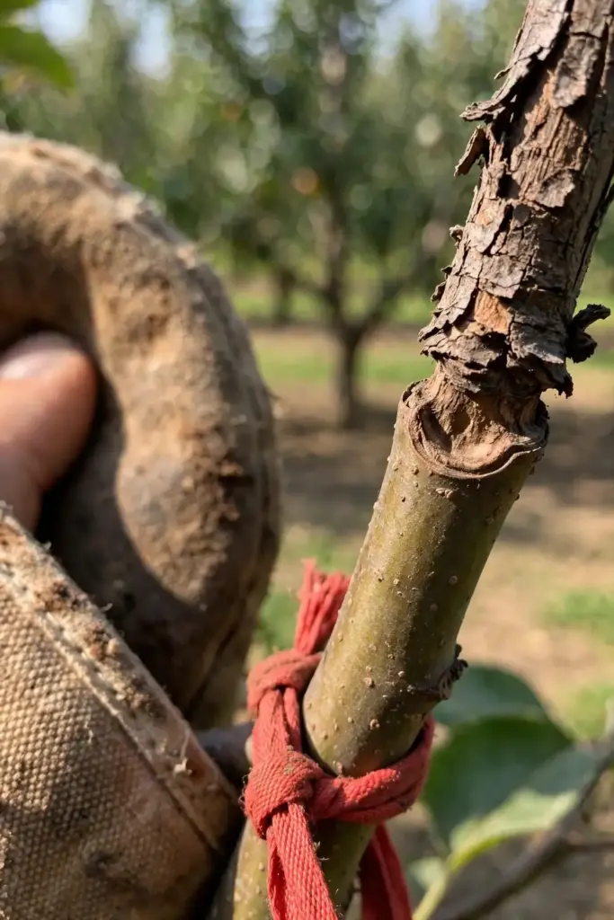 Garden mitt holding a branch showing a canker girdling half its circumference