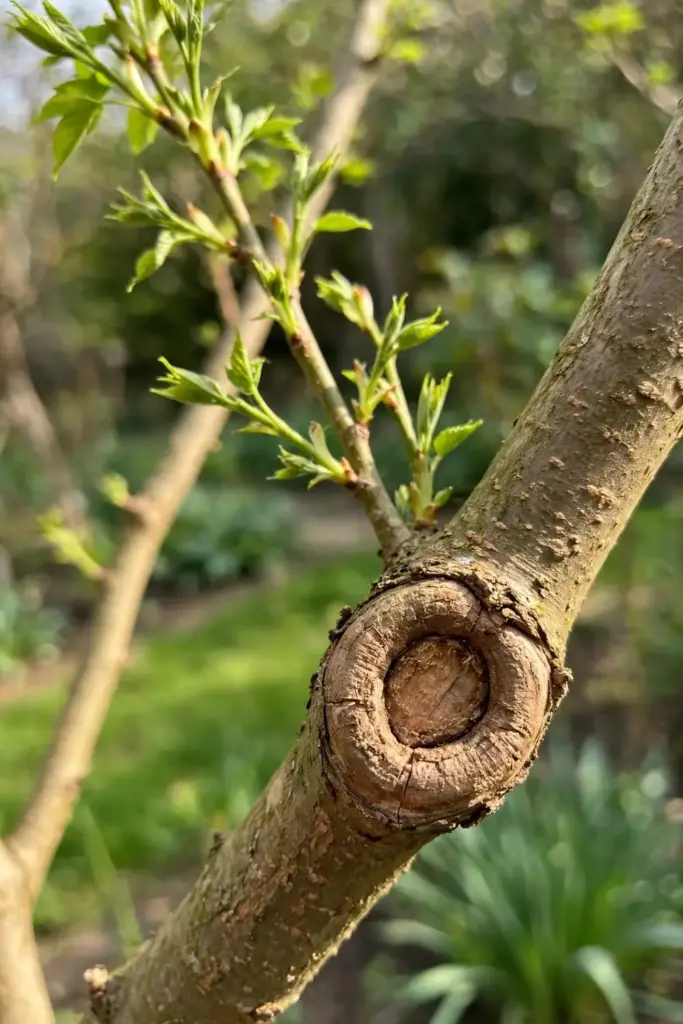Healed pruning wound with smooth callus and new growth on a recovered tree