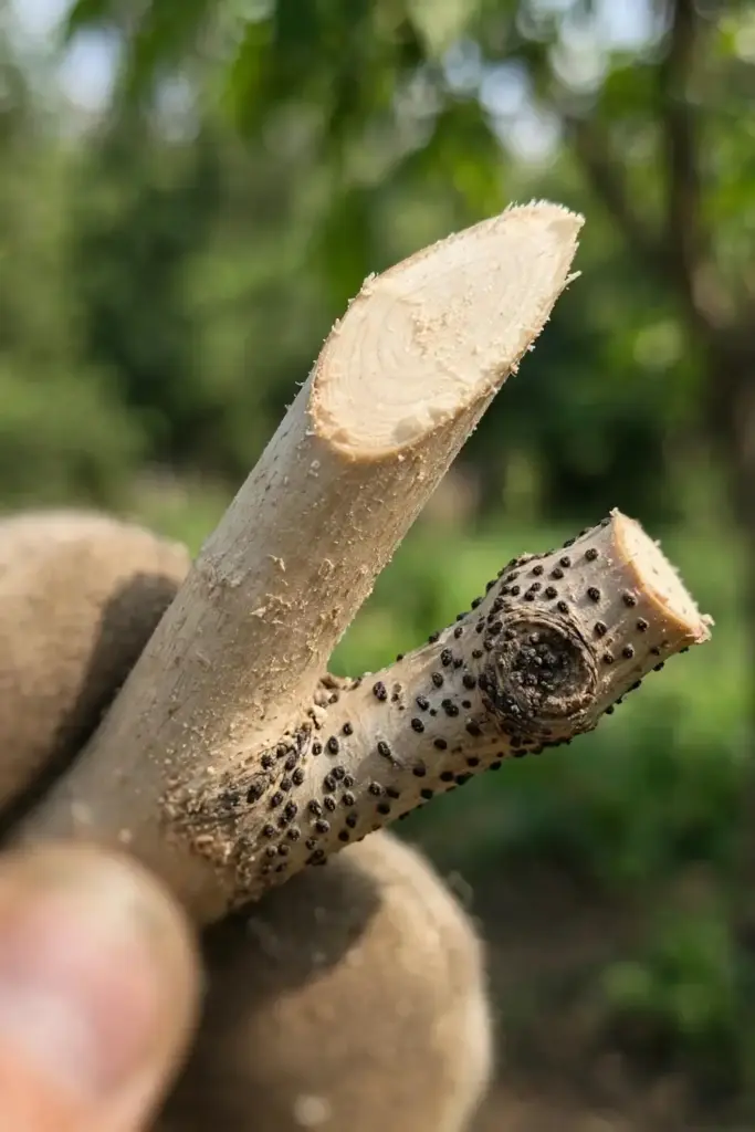 Fresh pruning cut showing healthy pale wood below a removed Phomopsis canker