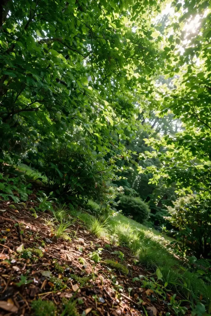 Thriving home landscape with healthy trees and shrubs in morning light
