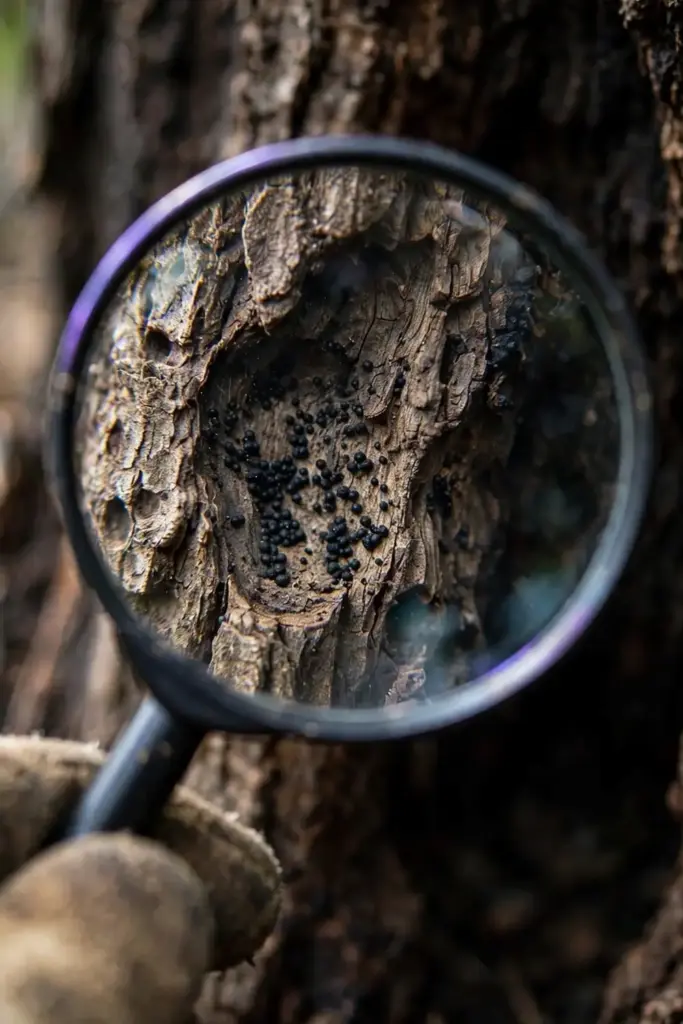Magnifying glass enlarging black pycnidia dots on a sunken bark canker