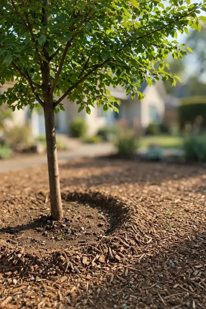 Vigorous young tree in a mulched bed with the mulch ring off the trunk