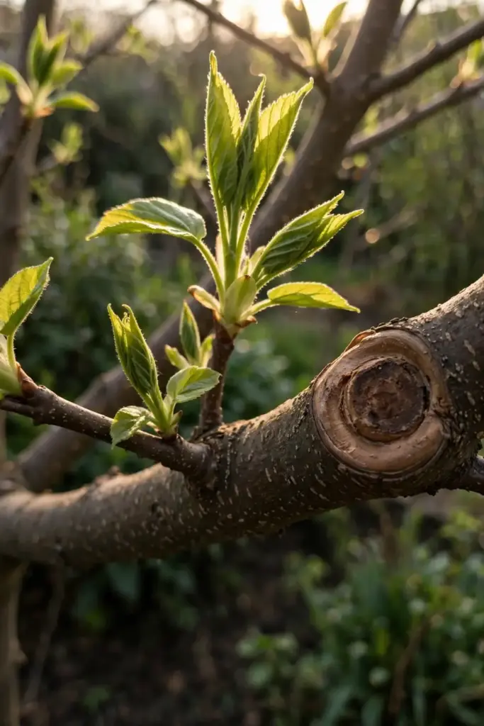 Fresh spring leaves and healing callus on a pruned landscape tree