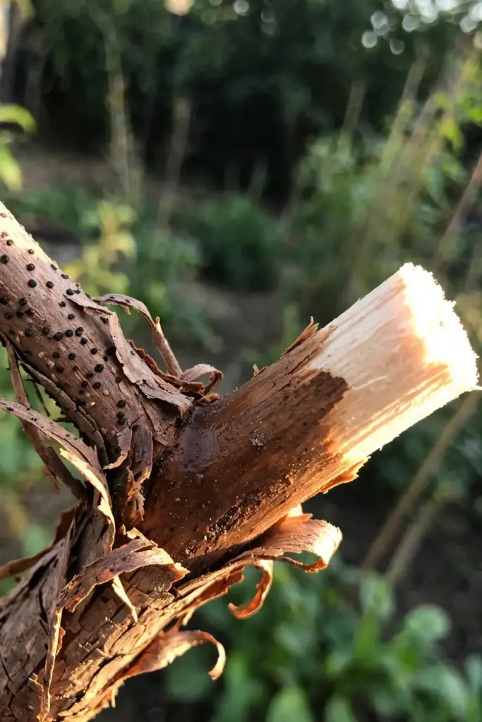 Phomopsis cankered branch with bark peeled back showing brown infected wood underneath