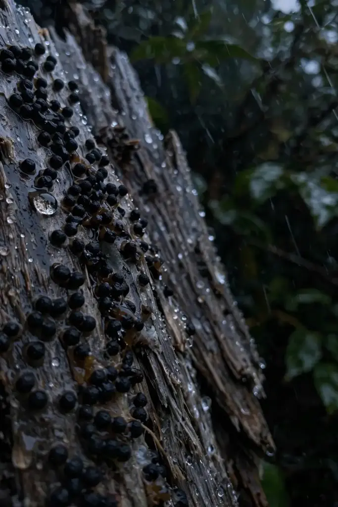 Black pycnidia fruiting bodies on wet canker bark with rain droplets