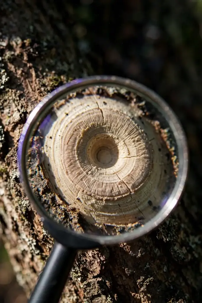 Magnifying glass checking an old pruning wound for new canker signs