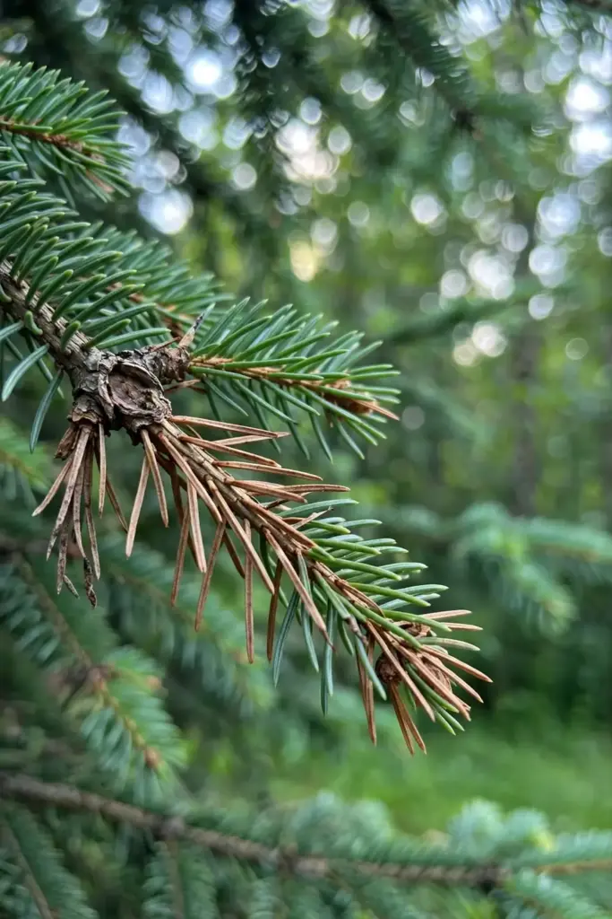 Spruce branch with brown dead shoot tips from Phomopsis dieback spreading from the whorl