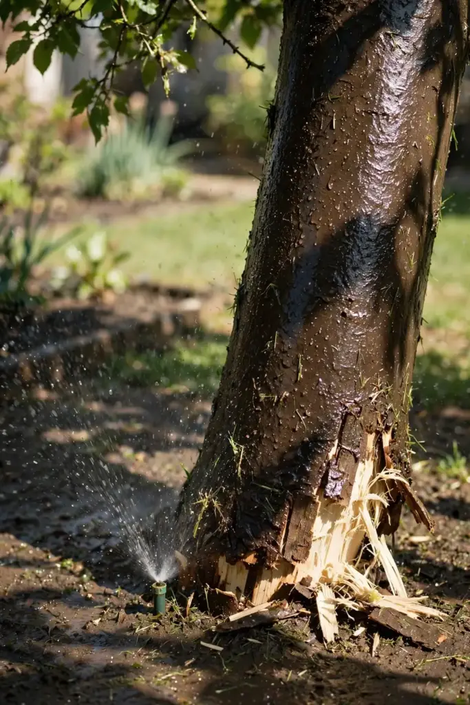 String-trimmer wound at a tree base with sprinkler water wetting the bark