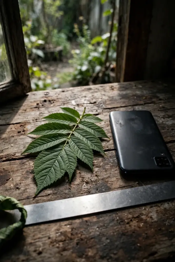 Phone face down beside a fresh leaf and a ruler on a wooden table