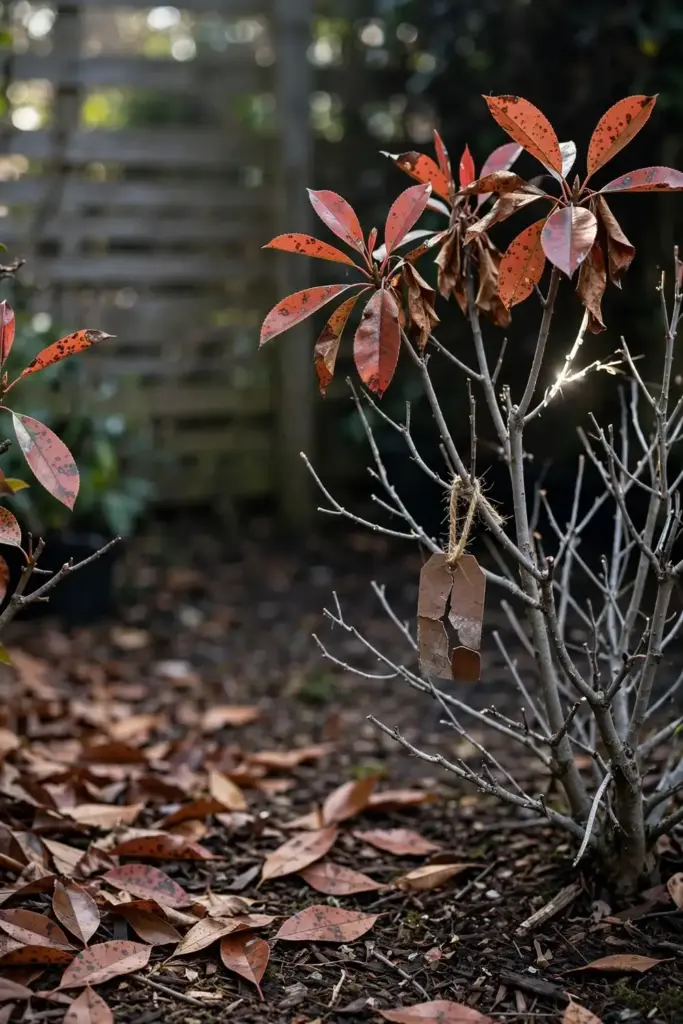 Half-defoliated photinia shrub with bare lower branches beside healthy growth