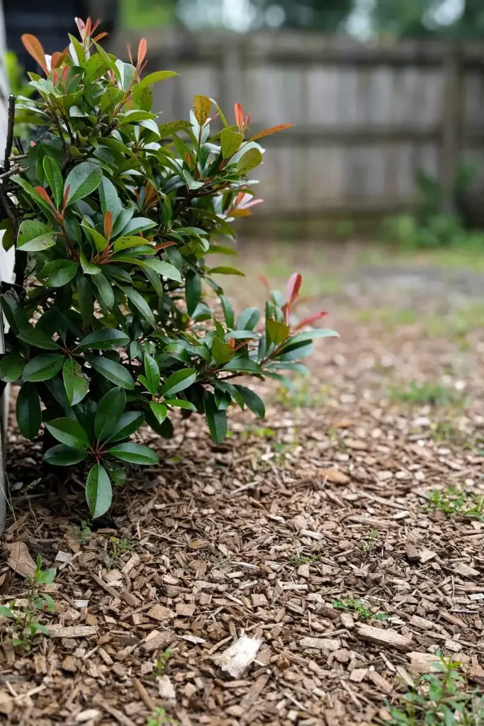 Photinia shrub with plain wood-chip mulch and no fertilizer spreader in sight
