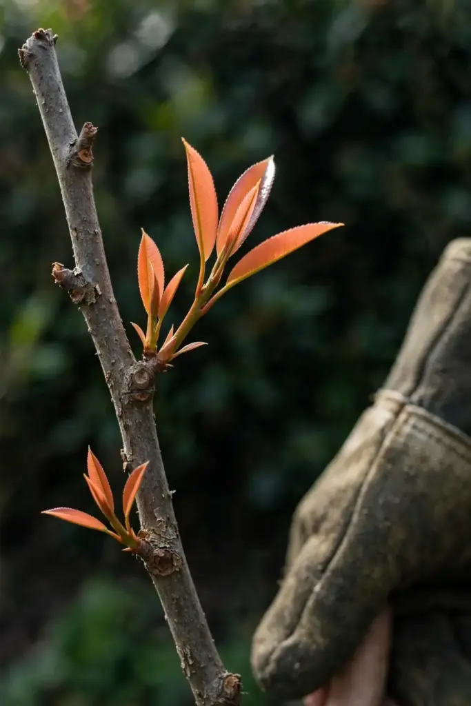Bare photinia branch with a few clean new leaves emerging after defoliation
