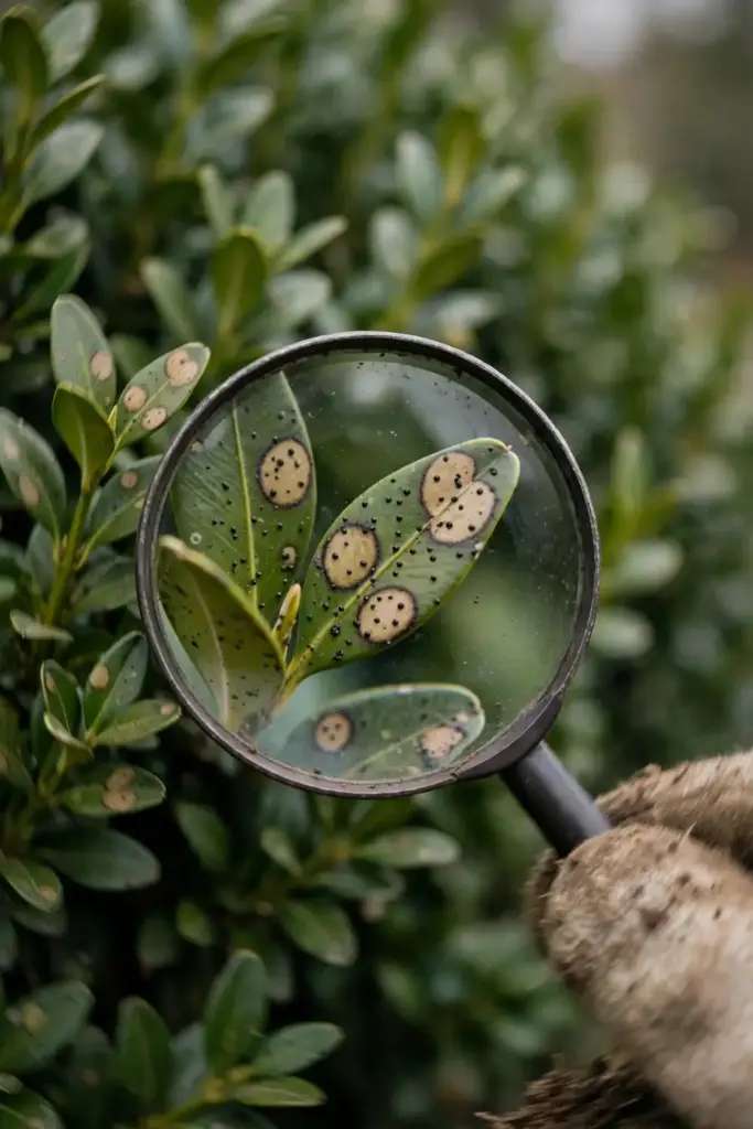 A gloved hand holding a magnifying glass over spotted boxwood leaves.