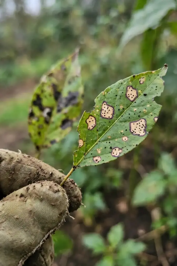 A gloved hand holding a spotted leaf for comparison against lookalikes.