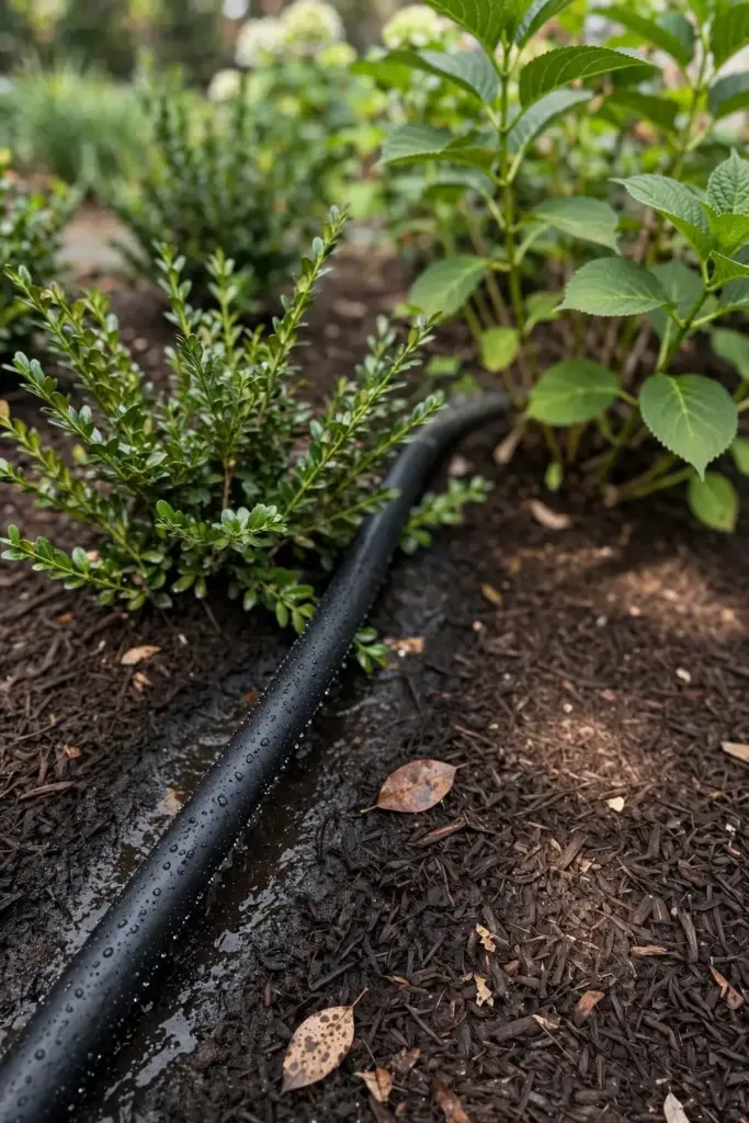 A soaker hose watering shrub roots at the soil line.