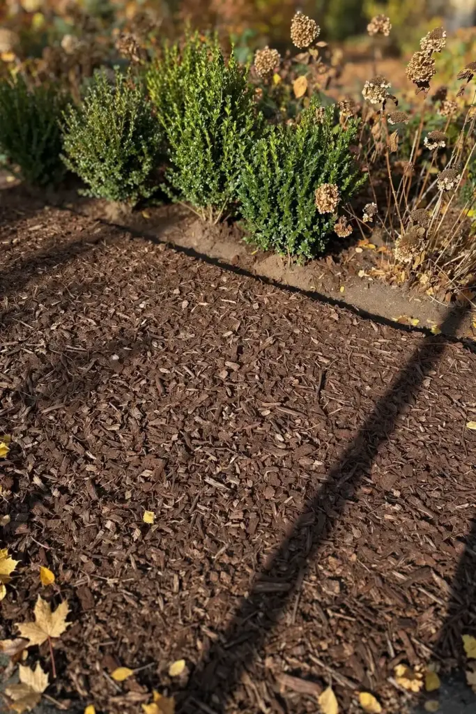 Fresh mulch spread under shrubs in autumn after leaf cleanup.