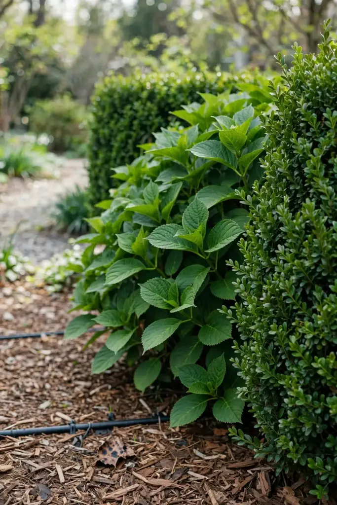 Healthy clean boxwood and hydrangea shrubs after a season of good care.