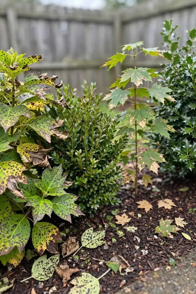 Garden bed with hydrangea, boxwood, and maple showing different spot damage.