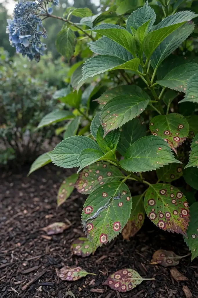 Bigleaf hydrangea with spotted lower leaves in a garden bed.