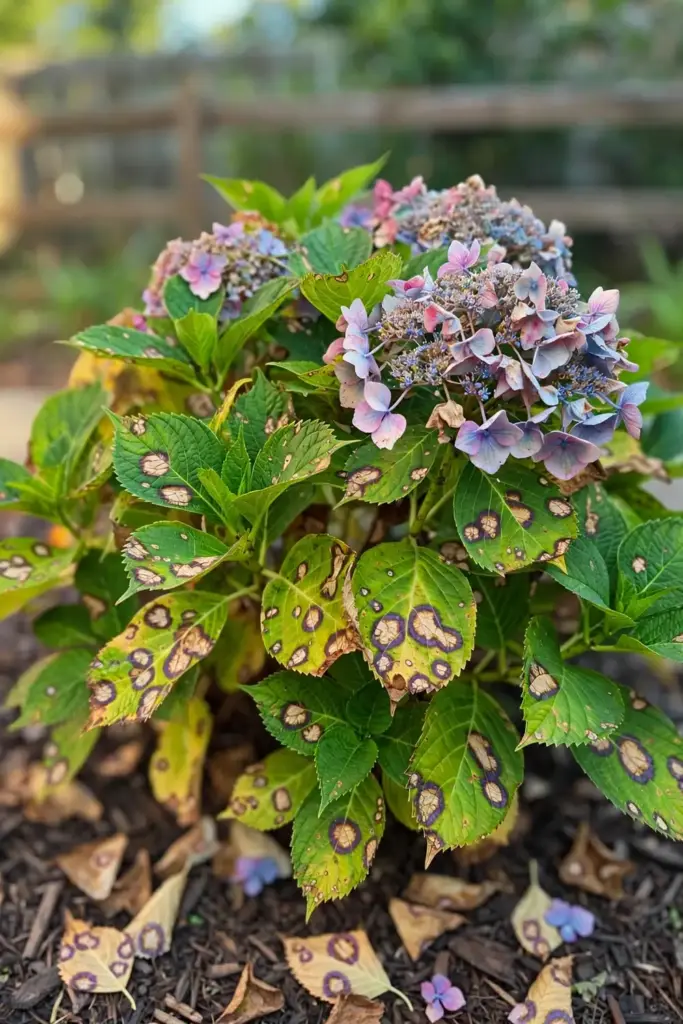 A hydrangea with late-summer leaf spots still blooming in a home garden.