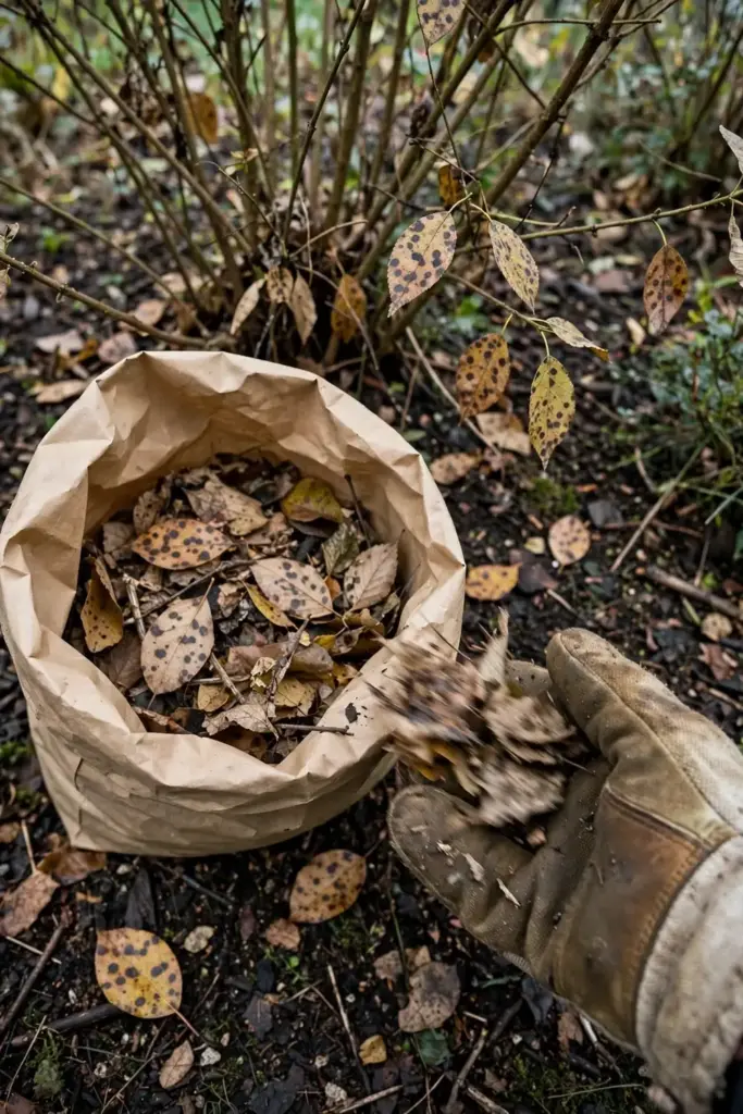 A gloved hand bagging spotted fallen leaves under a shrub.