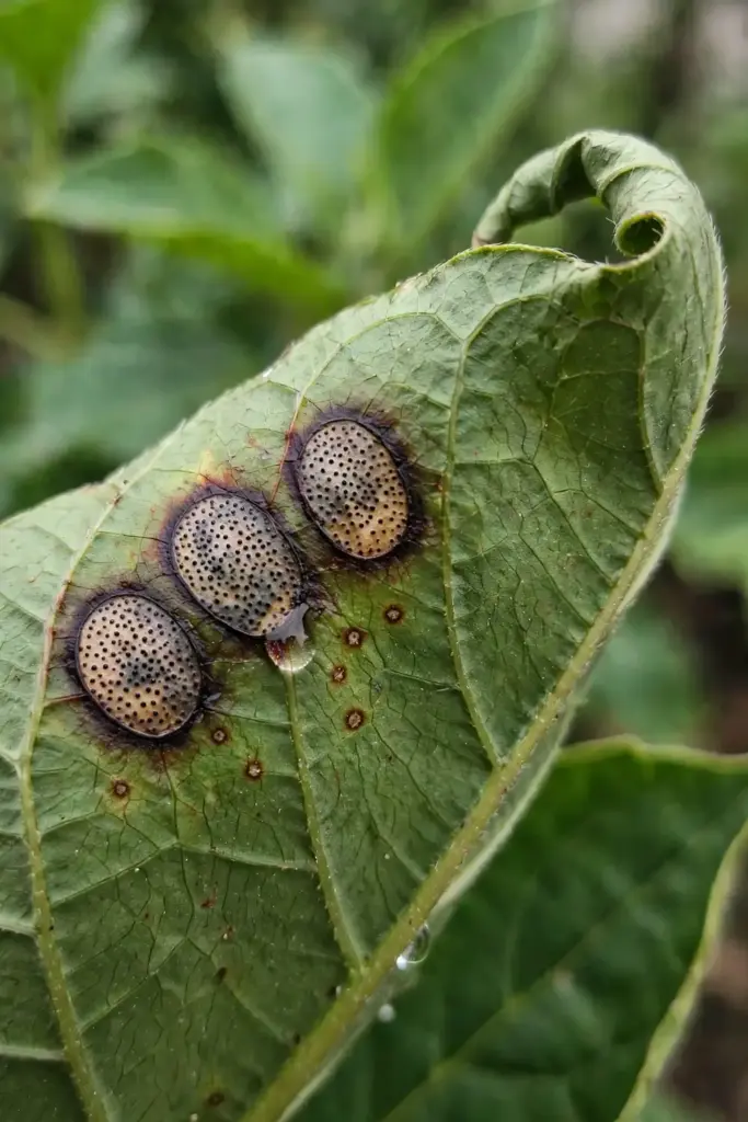 Close-up of Phyllosticta lesions with pale centers and black pycnidia dots.