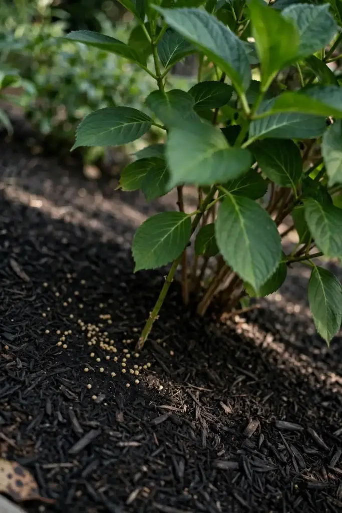 Slow-release fertilizer granules scattered sparingly around a shrub base.