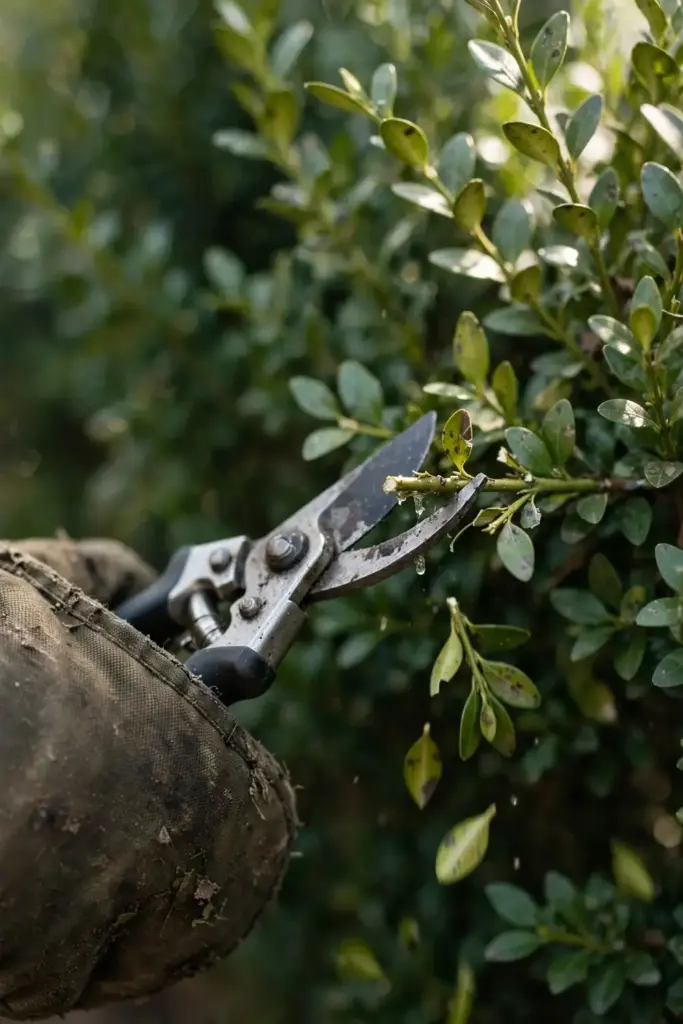A gloved hand with pruners thinning a dense boxwood canopy.