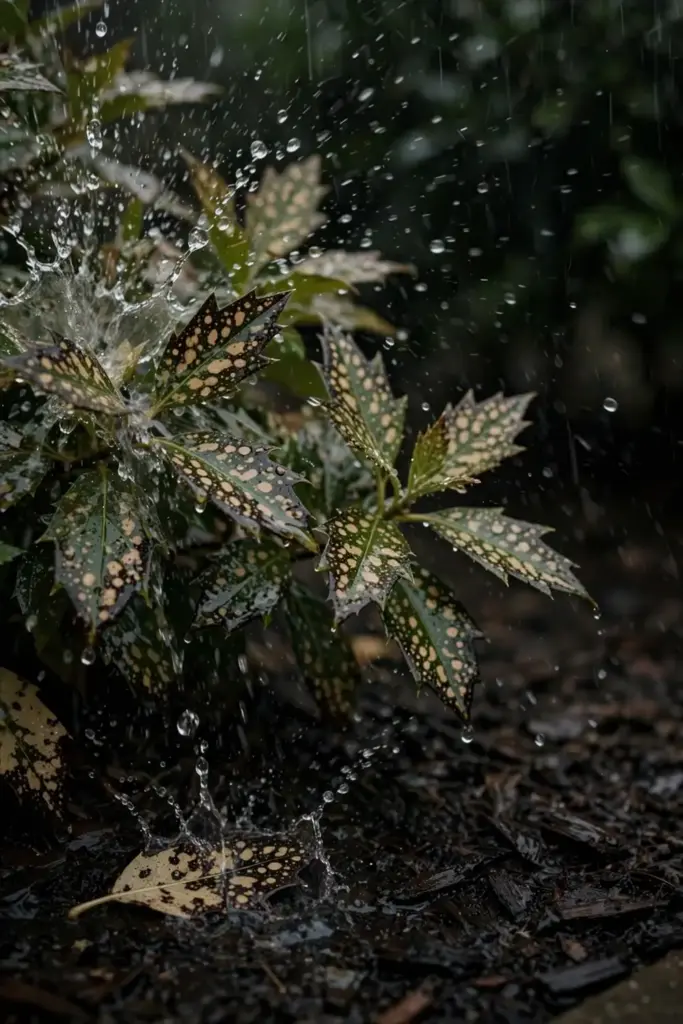 Rain droplets splashing on spotted leaves during a shower.
